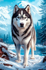 Naklejka premium A husky dog standing in the snow next to a river