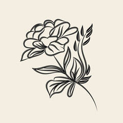 Elegant Black and White Line Art Floral Design with Single Flower and Leaves