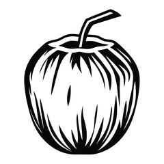 A black and white illustration of a coconut with a straw tropical fruit summer refreshment beverage drink