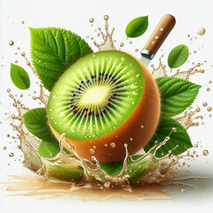 green kiwi surrounded by splashing water and leaves. Dynamism and freshness
