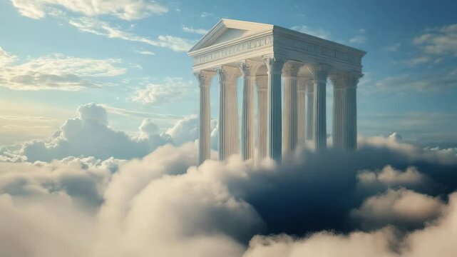 White stone temple with pillars and a triangular pediment floating in fluffy clouds against a blue sky, creating a dreamy ethereal scene.