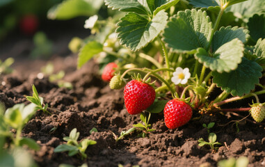 Strawberry plants grow freely in fertile soil, with lush, fresh green leaves. Ripe red strawberries stand out vividly, their tiny seeds clearly visible. The soil is dark brown, loose, and moist, 