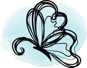 Abstract Black Butterfly Illustration on Light Blue Watercolor Background