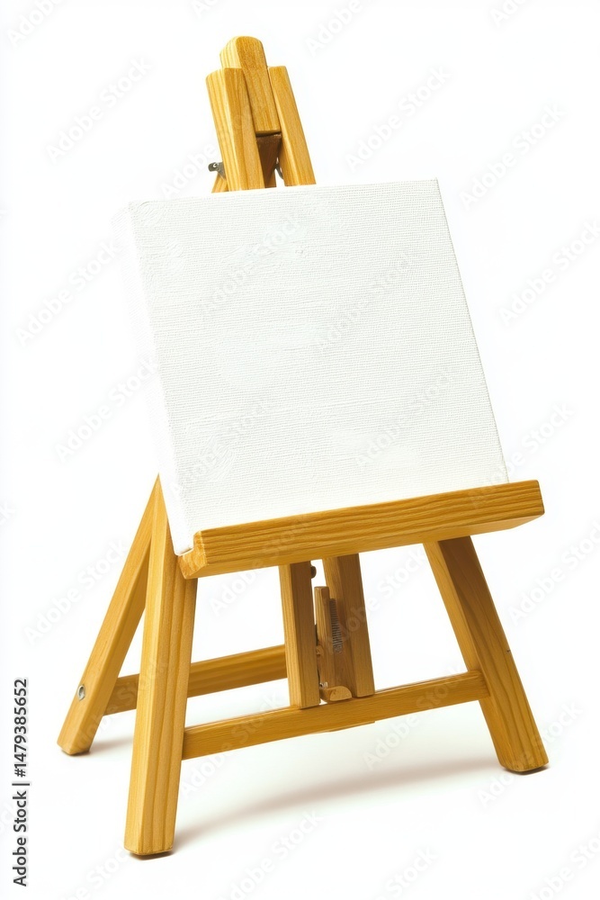 Poster blank canvas on wooden easel in studio setting for painting and art projects close up isolated on wh
