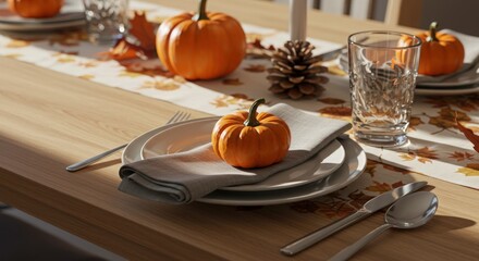 Naklejka premium Autumn table setting with pumpkins and decorative leaves