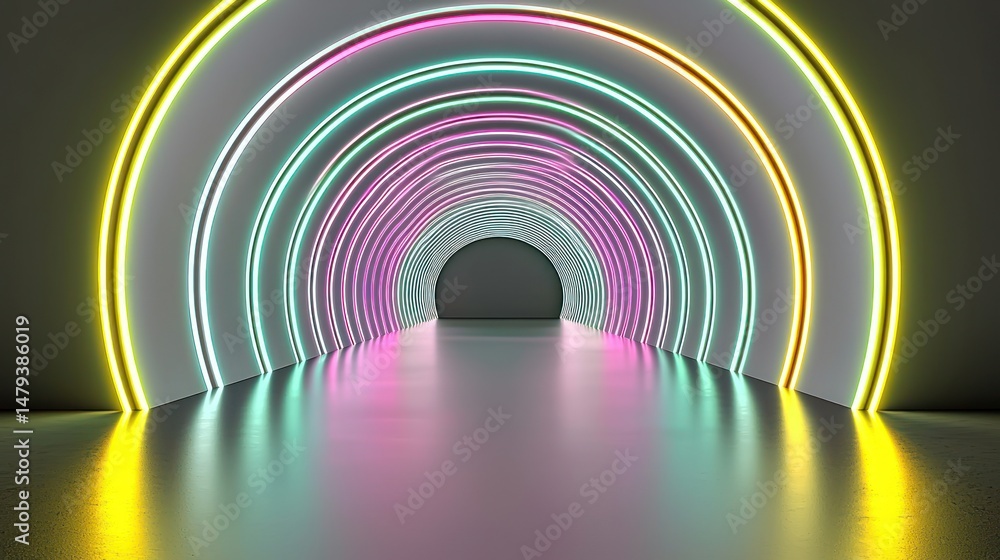 Poster multicolored neon tunnel with concentric circles.