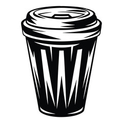 Detailed Vector Illustration of a Disposable Coffee Cup with Lid, Black and White