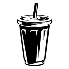 Monochrome Vector Illustration of a Cold Drink Cup with Straw and Lid