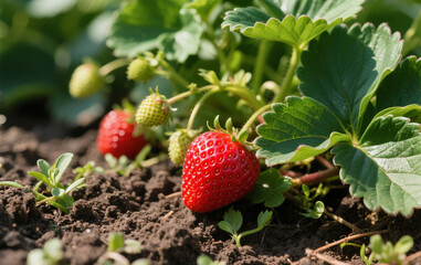Strawberry plants grow freely in fertile soil, with lush, fresh green leaves. Ripe red strawberries stand out vividly, their tiny seeds clearly visible. The soil is dark brown, loose, and moist, 