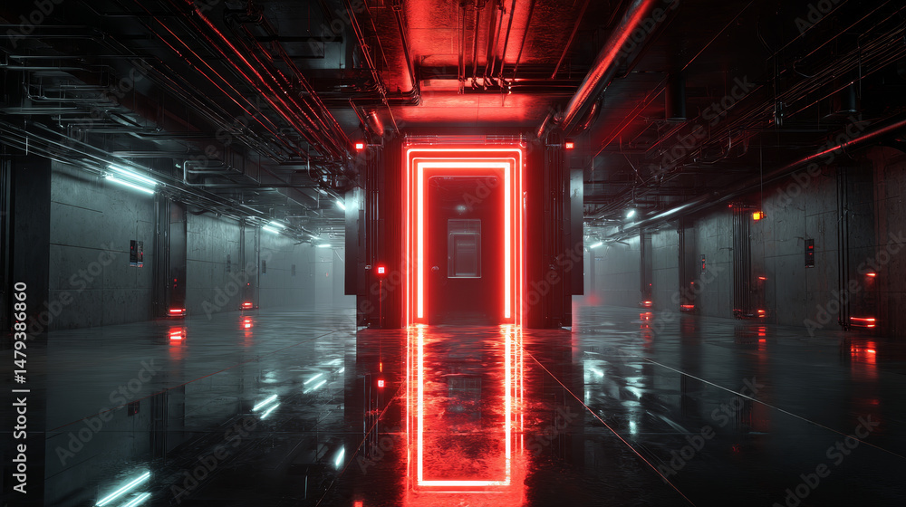 Poster abstract door in tunnel with digital data center light signals. future computer technology concept o