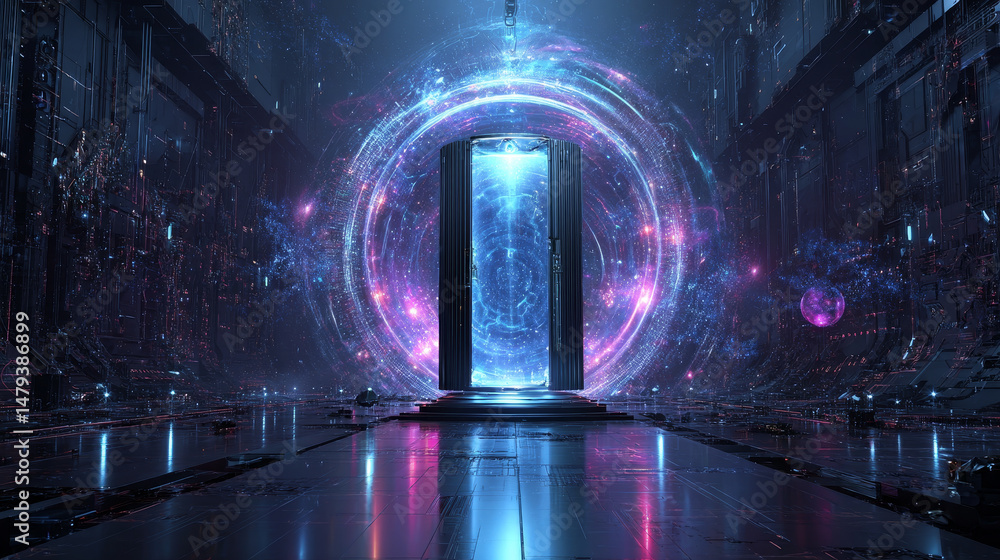 Poster futuristic door in cyber space. digital data center is portal in virtual metaverse. abstract path to