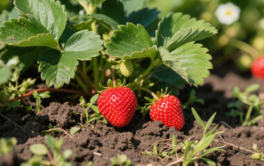 Strawberry plants grow freely in fertile soil, with lush, fresh green leaves. Ripe red strawberries stand out vividly, their tiny seeds clearly visible. The soil is dark brown, loose, and moist, 