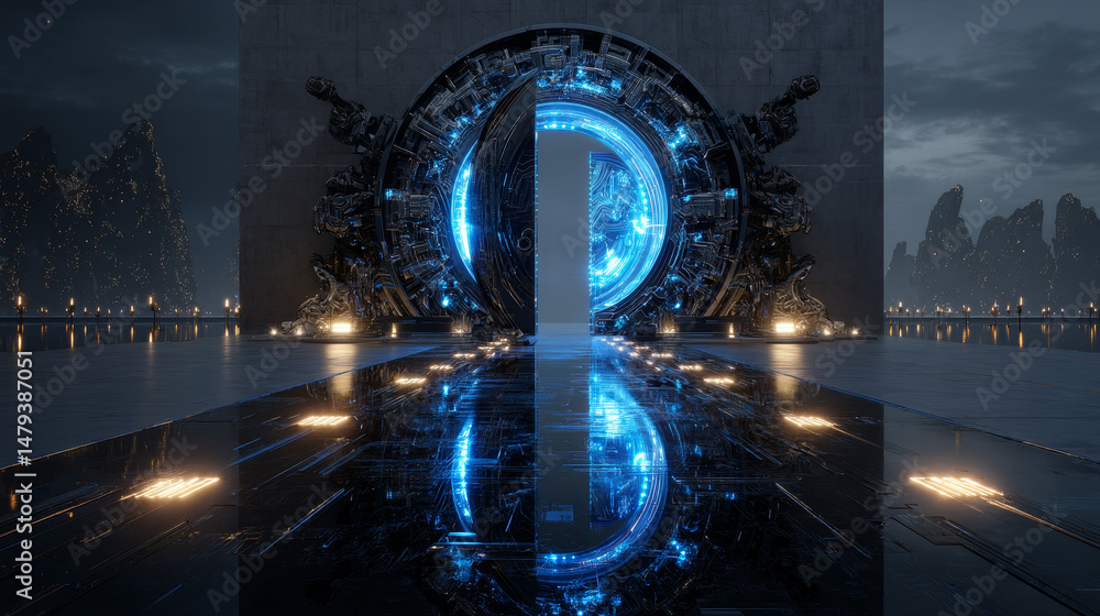 Poster futuristic door in cyber space. digital data center is portal in virtual metaverse. abstract path to