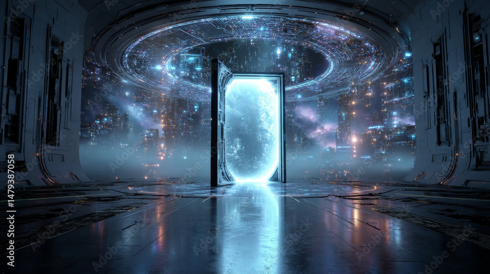 Poster futuristic door in cyber space. digital data center is portal in virtual metaverse. abstract path to