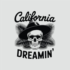 Retro California skull with hat and palm leaves. Vintage t-shirt graphic.