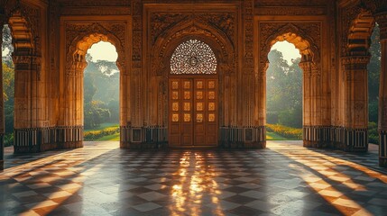 Ornate Indian architecture, sunlight streams through arches