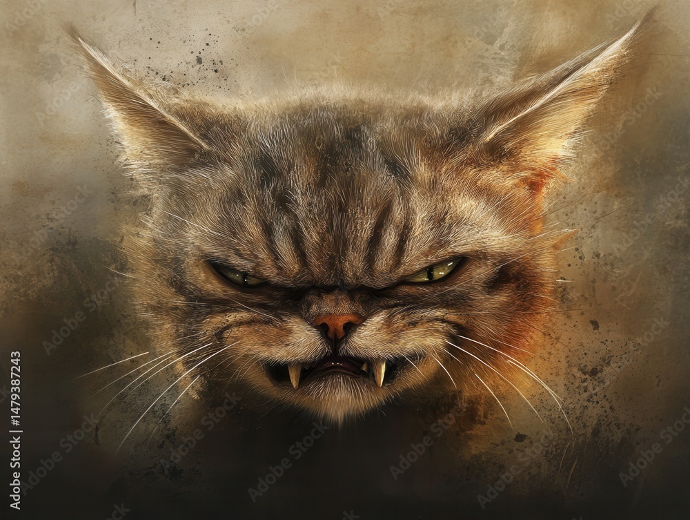 Poster angry cat portrait close up digital painting style with visible fangs and menacing expression in stu
