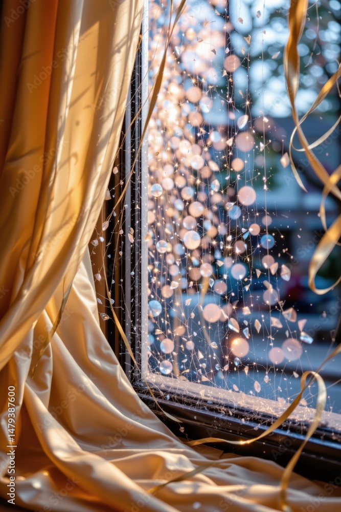 Poster sunlight streams through a window adorned with sparkling decorations and draped with elegant golden 