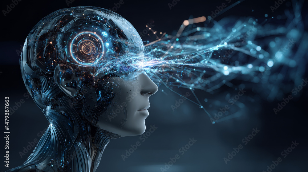 Poster artificial intelligence concept illustration. head, face with cybernetic digital brain, neural netwo