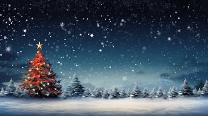 Magical Snowy Winter Wonderland Christmas Scene with Decorated Tree Under Starry Night Sky: A Serene and Festive Holiday Celebration Atmosphere with Joyful and Cozy Family Charm