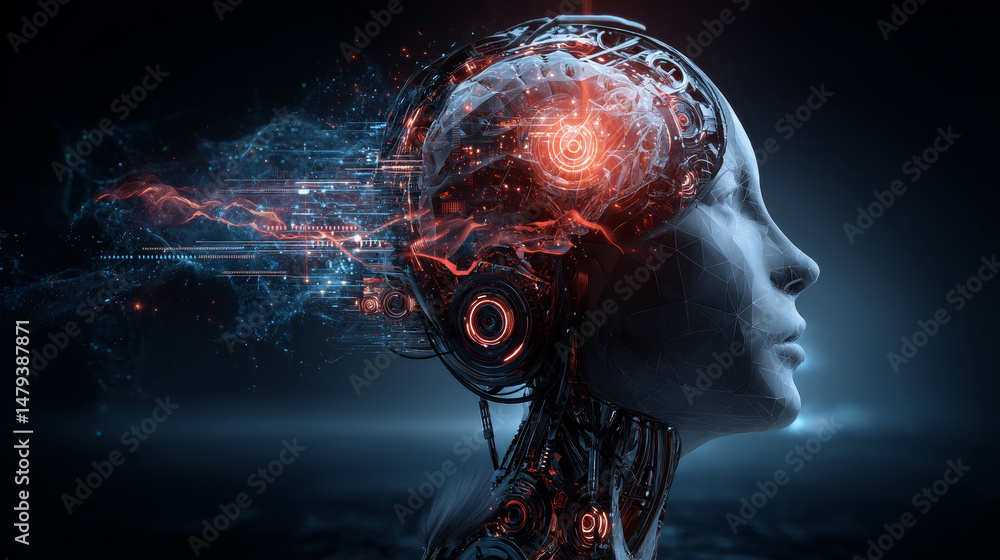Aufkleber artificial intelligence concept illustration. head, face with cybernetic digital brain, neural netwo