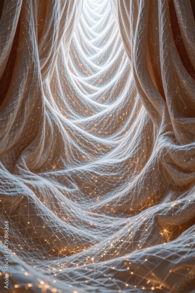 Poster abstract digital net structure glows with twinkling light, creating ethereal, dreamy aesthetic with 