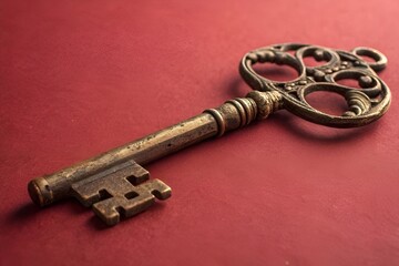 Antique Brass Key on Crimson Background – Bold Minimalist Photography