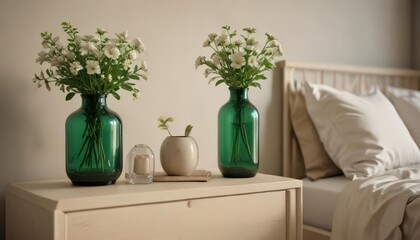 Emerald green bedding, beige nightstand, stylish bottle vase with flowers ,  glass vase,  bottle vase,  stylish vase