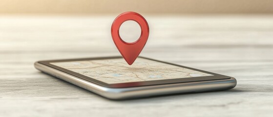 Red location pin hovering over tablet displaying map on a light wooden surface close up shot for navigation concept