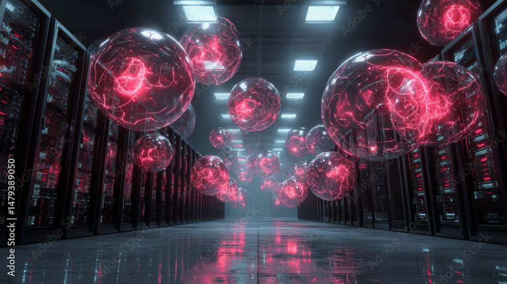 Poster data center or cloud storage concept. abstract design interior of server room in data center. futuri