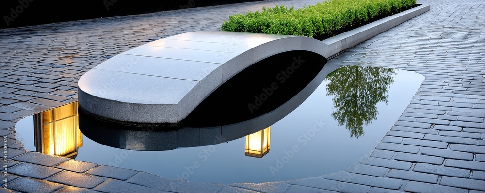 Poster a photographer captures the reflection of a historic bridge in a puddle after rain, flipping the per