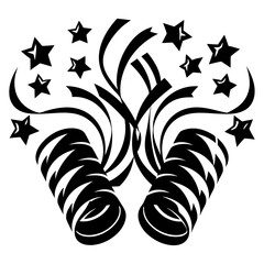 Festive monochrome image of party horns and stars creating celebratory design