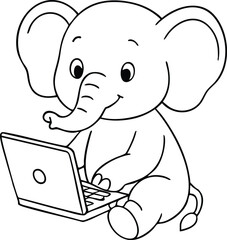 Cute cartoon elephant using a laptop for tech fun