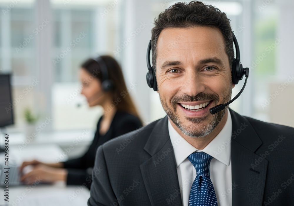 Poster smiling man wearing a headset in a call center environment with a colleague in the background