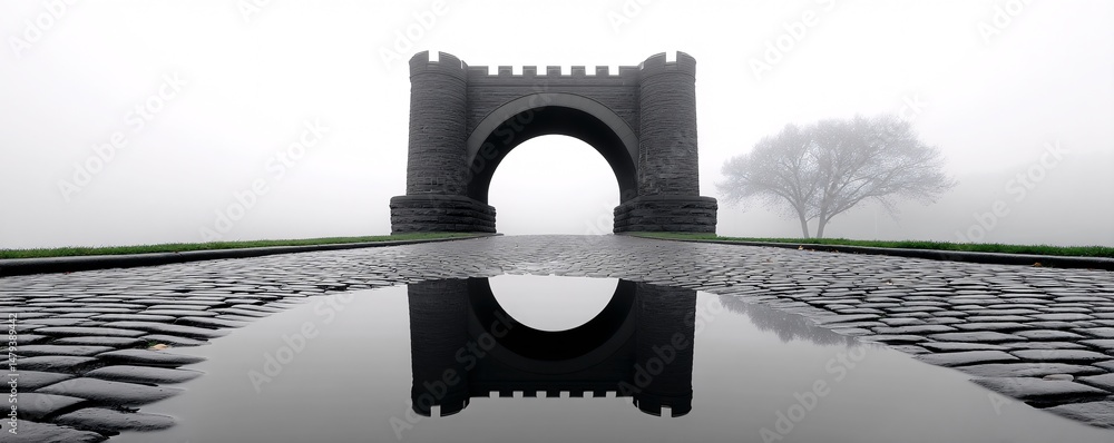 Poster a photographer captures the reflection of a historic bridge in a puddle after rain, flipping the per