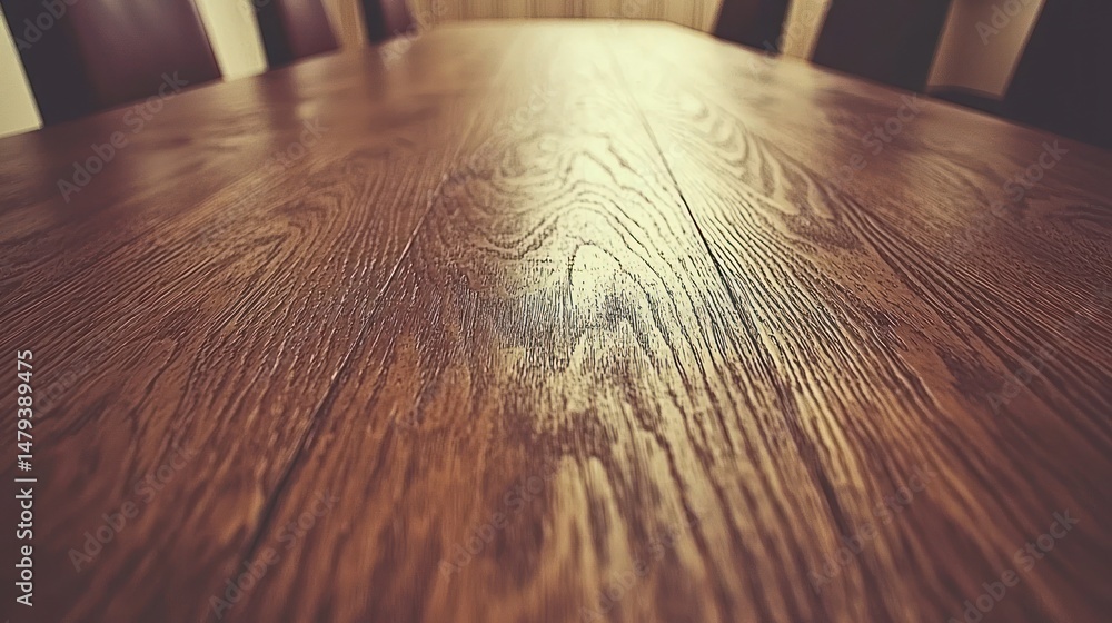Aufkleber close-up view of a polished wooden table surface.