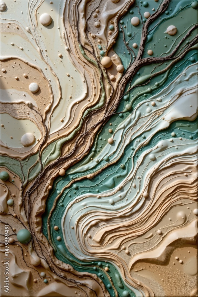 Poster an abstract artwork displays a textured design with flowing lines and spherical elements in earth to