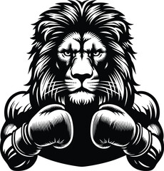 Obraz premium Lion Wearing Boxing Gloves – Thin Outline Silhouette Vector Illustration