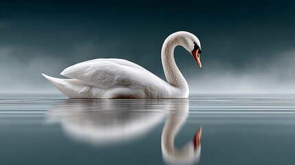 Fototapeta premium A lone swan glides across a glassy lake, its reflection perfectly mirrored, creating a striking symmetry. The soft mist rolling over the water adds an ethereal, dreamlike ambiance.