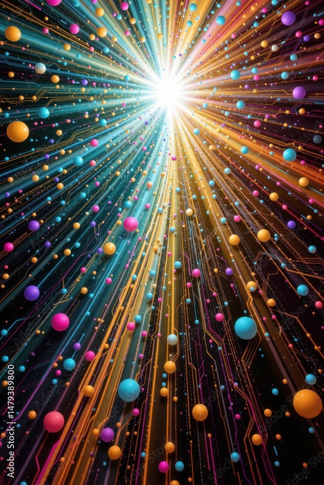 Poster abstract colorful explosion of light with spheres and circuit board patterns creates a vibrant energ