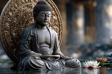 Fototapeta premium A Buddha statue in a lotus position is surrounded by sacred geometry, with rays of light emanating from behind the figure