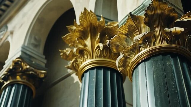 Ornate gilded capitals atop dark marble columns inside an arched building