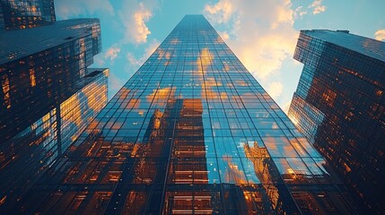 Skyscrapers reflected in glass, urban sunset