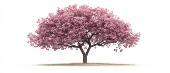 Obraz premium Solitary Pink Flowering Tree in Full Bloom Isolated on White Background Eye-Level View Springtime Beauty