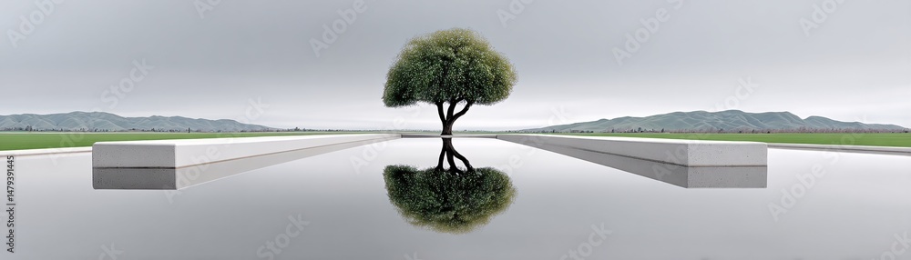 Aufkleber a lone tree in the middle of a flooded plain, its reflection forming a perfect circle with its branc