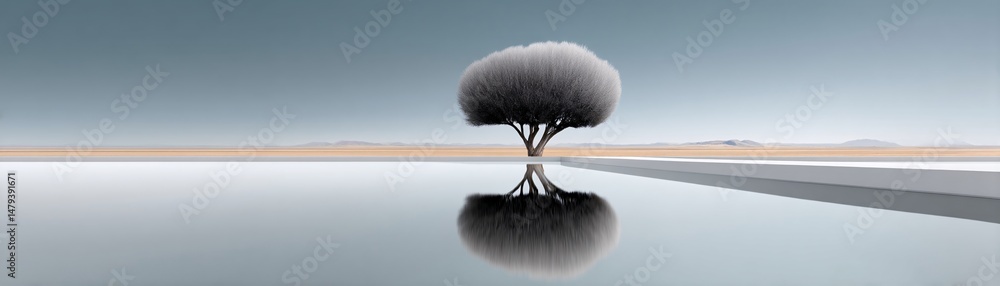 Aufkleber a lone tree in the middle of a flooded plain, its reflection forming a perfect circle with its branc