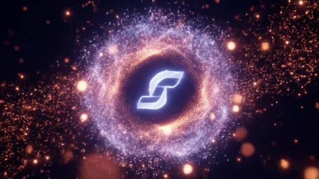 Abstract glowing logo surrounded by sparkling particles in dark space  