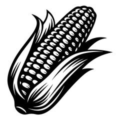 Monochrome vector illustration of corn on the cob with husks