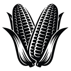 Stylized illustration of two ears of corn in black and white