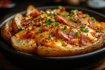 "Baked potatoes topped with bacon and cheese in a bowl."